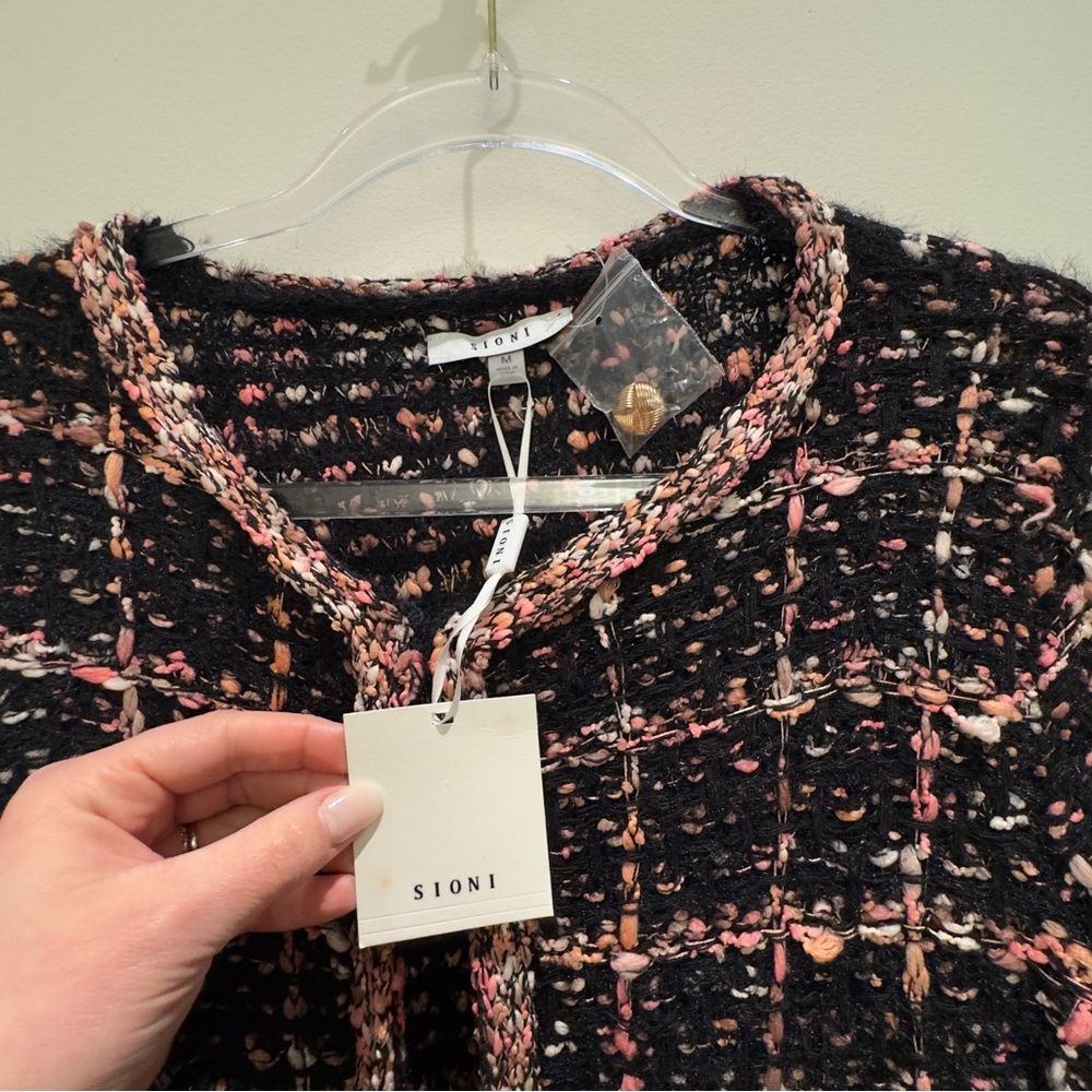 NWT- Sioni Black, Pink, Orange & White Tweed Cardigan Size Medium Women’s - Picture 3 of 11